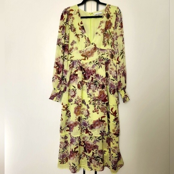 FOURTEENTH PLACE Ella Long Sleeve Chiffon Tiered Maxi dress in yellow bouquet XL - Picture 4 of 16